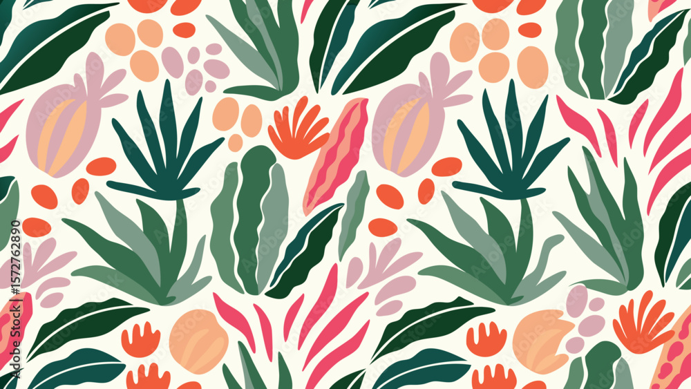 Poster botanical pattern featuring stylized leaves and abstract shapes in a colorful composition design