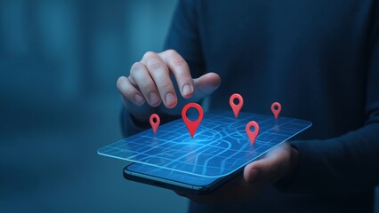 A person interacting with a transparent futuristic map on a smartphone screen with red location pins, the focus is on fleet management and the coordination of logistics operations