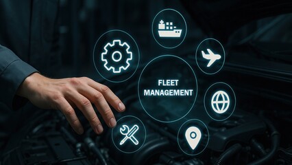 Hand reaching over a car engine with digital icons for diagnostics and fleet management text float around symbolizing infrastructure management, fleet management, fleet tracking