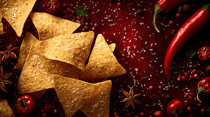 Festive nacho themed background with tortilla chips and chili