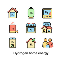 Hydrogen home energy flat icons set. H2 domestic applications and energy usage