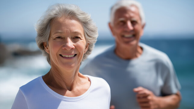 Senior couple jogging by the ocean on a sunny morning