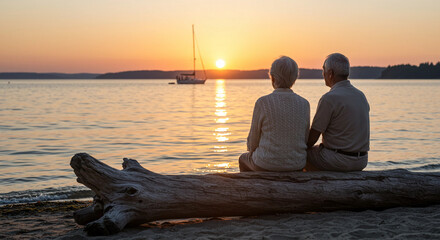 Elderly couple sitting together on log by the beach at sunset  