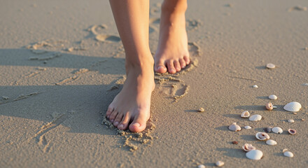 Barefoot stroll on the beach with seashells on the sand  