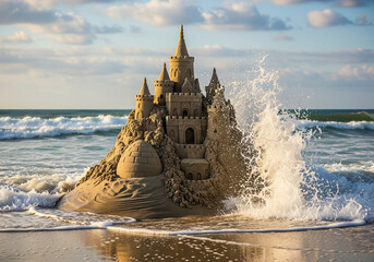 Majestic Sandcastle Washed by Ocean Wave