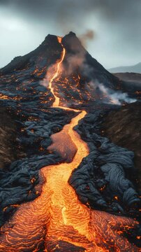 Searing molten lava cascading down steep volcanic slopes, creating incandescent river like streams against dark, rugged rocky terrain during powerful geological eruption