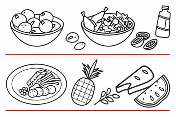 A black and white cartoon illustration of healthy food choices