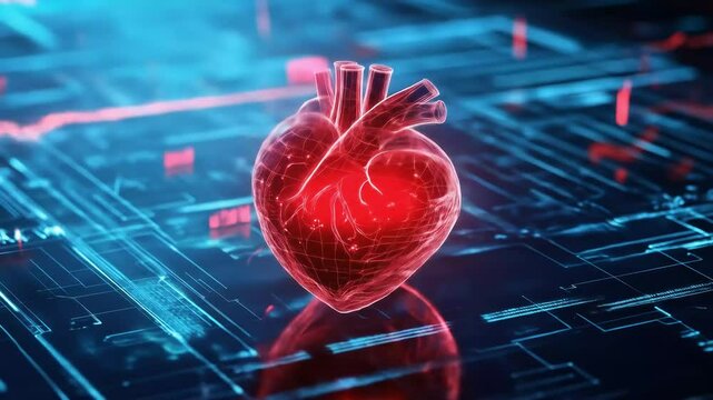 Animated Heart Visualization Displayed on Tech Circuitry Background - Powered by Adobe