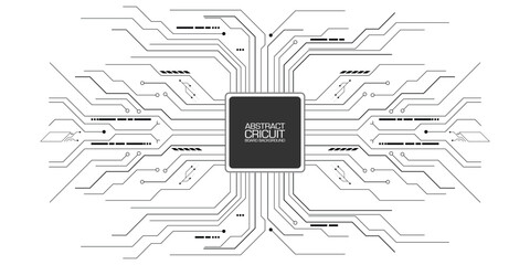 Minimal circuit board background with black lines on white, symbolizing digital tech and electronics.