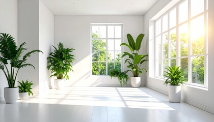 Fototapeta premium Bright White Minimalist Room with Sunlight and Green Plants