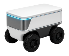 Compact autonomous delivery robot with four wheels and a rectangular cargo compartment