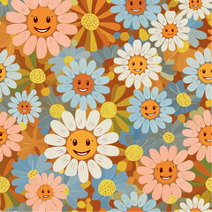 70s seamless vector pattern with vintage daisy or camomile groovy flowers. Psychedelic floral background with smiling faces. Fun hippy texture for surface design, wallpaper, wrapping paper, ...