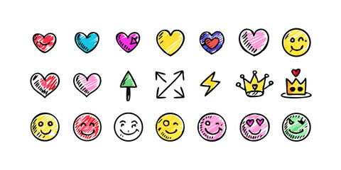 Smile doodle emoji faces in hand drawn vector doodle sketchy style. Happy, sad, crying emotional scribbles, comic elements for business design.