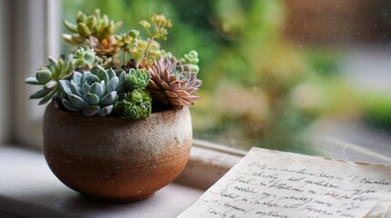 Clay pot with succulents on windowsill beside handwritten list