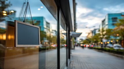 Urban retail space for rent sign on storefront, empty shop window in city setting, commercial lease advertisement