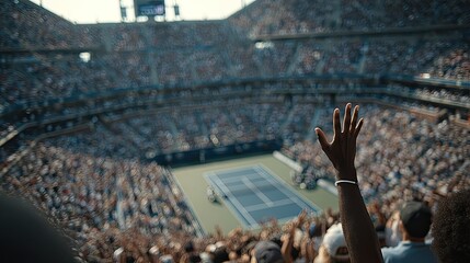 US Open tennis finals match in action, professional sports scene with athlete serving, court, and excited audience