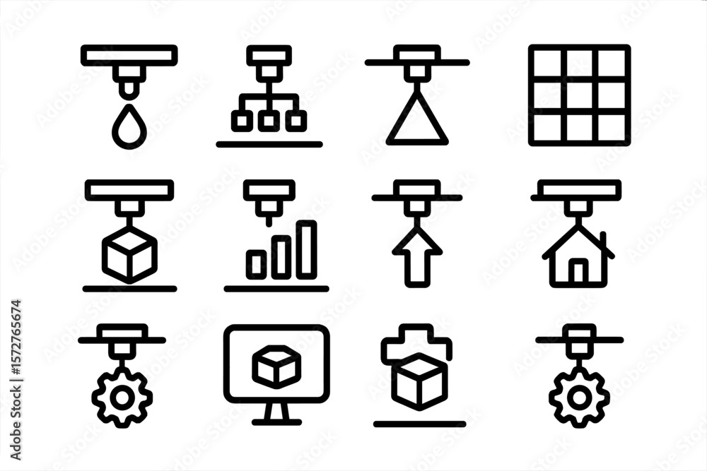 Poster set of black linear 3d printing and technology icons on dark background