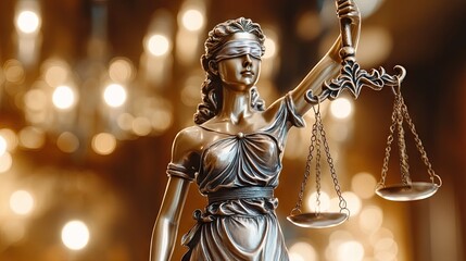 Fototapeta premium Bronze statue of Lady Justice, holding scales of justice, blindfolded