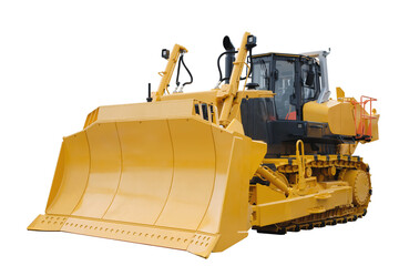 Yellow bulldozer with a large blade isolated on a white transparent background. The front part of...