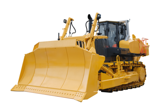 Yellow bulldozer with a large blade isolated on a white transparent background. The front part of the machine is yellow and the back part is black.