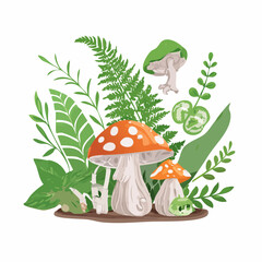 Set of cute hand drawn goblincore illustrations. Green witch aesthetic. Mushrooms, fern, herbs, toad, stump, skull elements for fairy witchcraft design. Cartoon herbology vector ...