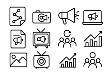 Digital marketing and media icons set in linear style