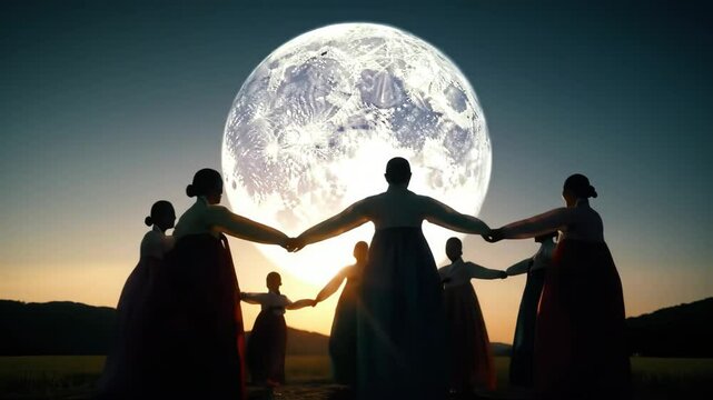 group of silhouettes of women in Hanboks hold hands and perform folk circle dance Ganggangsullae in field under large, full harvest moon at twilight sky. tradition, cultural heritage, celebration