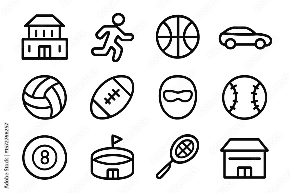 Poster set of sports and recreation icons in minimalistic linear style