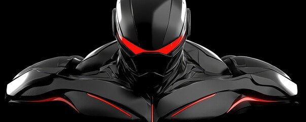 Dark, futuristic suit with glowing red accents