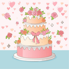 Hand drawn wedding or anniversary cake with bows and rose flowers decorations. Whimsical doodle dessert illustration. Coquette bakery item. Line art sweet pastry food. Vector ...