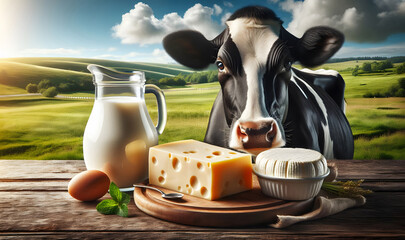 Auf einem liegt Käse und ein Krug mit Kuhmilch,  mit Kuh und Landschaft , copy space