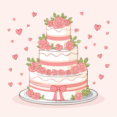 Hand drawn wedding or anniversary cake with bows and rose flowers decorations. Whimsical doodle dessert illustration. Coquette bakery item. Line art sweet pastry food. Vector ...