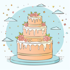 Hand drawn wedding or anniversary cake with bows and rose flowers decorations. Whimsical doodle dessert illustration. Coquette bakery item. Line art sweet pastry food. Vector ...