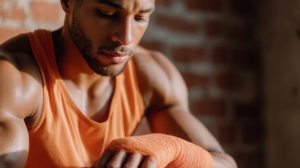 Focused boxer preparing for training session in urban gym with brick walls and warm lighting