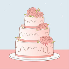 Hand drawn wedding or anniversary cake with bows and rose flowers decorations. Whimsical doodle dessert illustration. Coquette bakery item. Line art sweet pastry food. Vector ...
