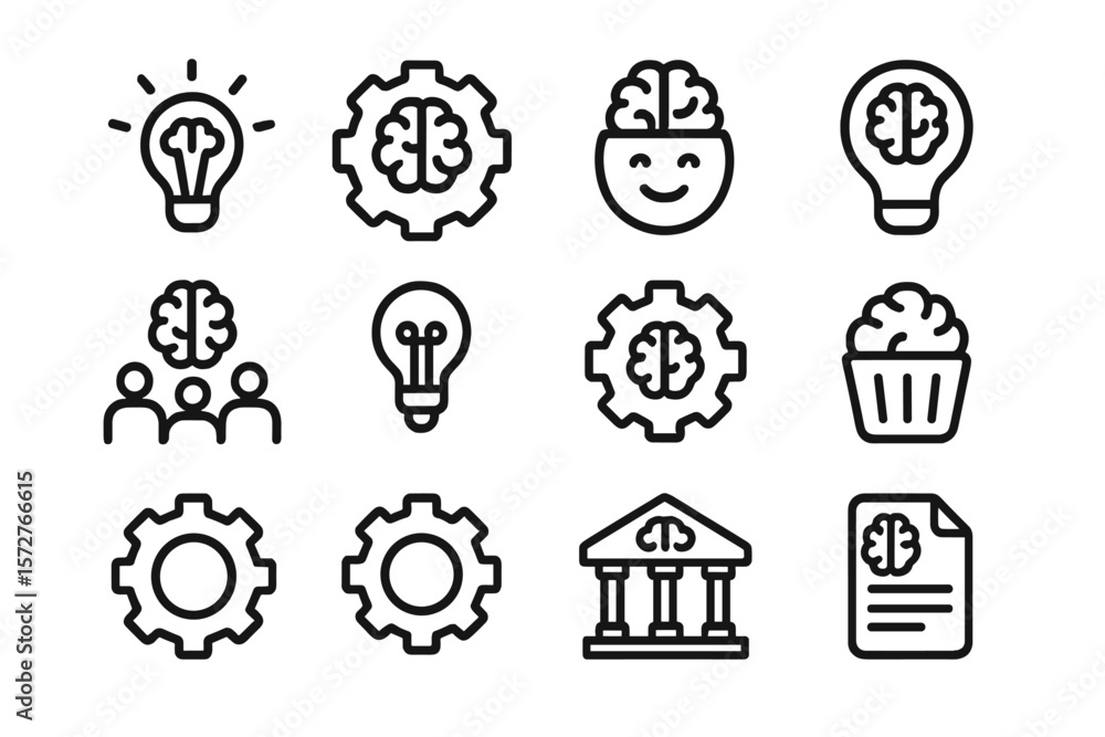 Aufkleber linear brain and idea icons set on dark background