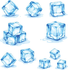  Realistic Blue Ice Cubes Vector Set - Refreshing Cold Drink Elements