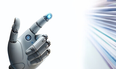Eine Roboterhand mit einem blau glühenden Zeigefinger auf weißem Hintergrund, viel Freifläche
