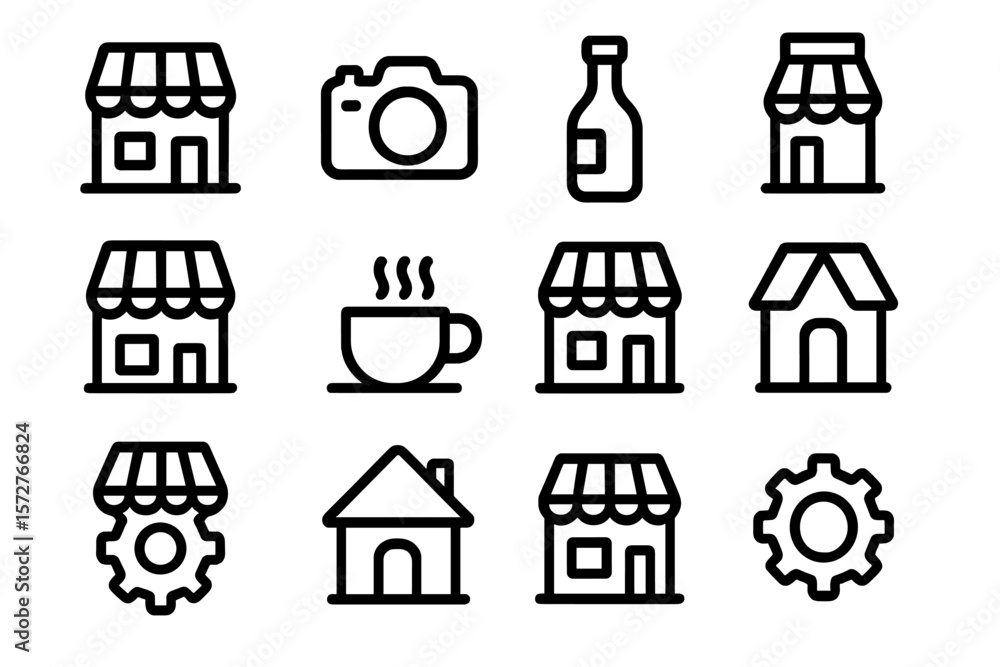 Poster linear icon set of stores and objects