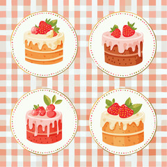 Set of hand drawn vintage birthday posters with strawberry cakes on checkered background. Whimsical dessert drawings. Coquette confectionery design. Contemporary art vector ...