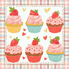 Set of hand drawn vintage birthday posters with strawberry cakes on checkered background. Whimsical dessert drawings. Coquette confectionery design. Contemporary art vector ...