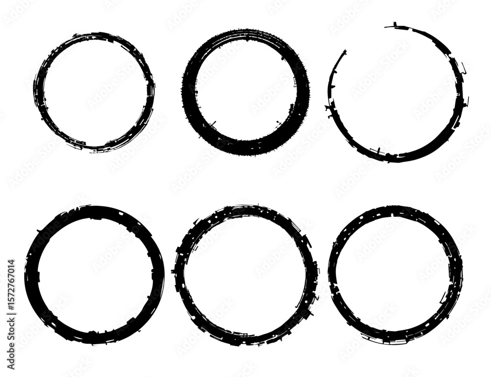 Poster abstract circular brush strokes with textured patterns in black design.
