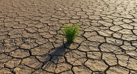 Single green grass sprout growing through cracked dry earth in sunlight