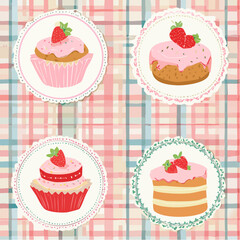 Set of hand drawn vintage birthday posters with strawberry cakes on checkered background. Whimsical dessert drawings. Coquette confectionery design. Contemporary art vector ...