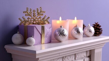 Decorative candles and ornaments arranged on a mantle against a purple textured wall in soft lighting.