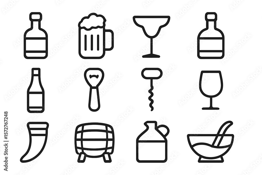 Poster minimalist line icons of various drinkware and bar tools on dark background