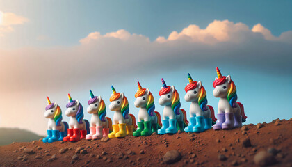 Bunte Einhörner stehen nebeneinander auf einer Anhöhe in Gummistiefeln in Regenbogenfarben, blauer Himmel, copy space