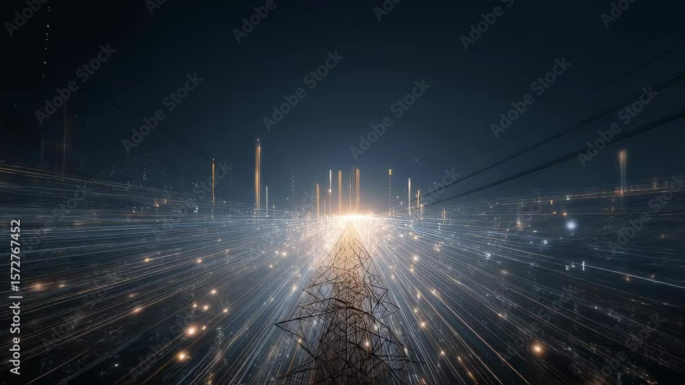 Poster captivating image of interwoven power lines radiating light surrounded by floating data points and t