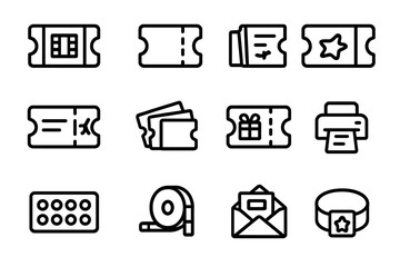 Set of linear ticket icons on dark background with event and gift themes