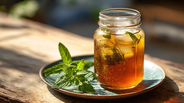 Mason jar with iced herbal tea beside ceramic plate, sunny top corner